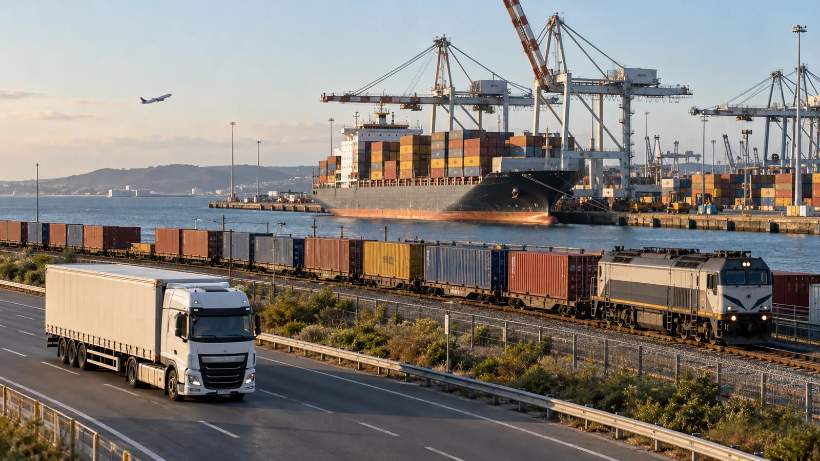 Road, freight rail, sea and air transport at an intermodal terminal