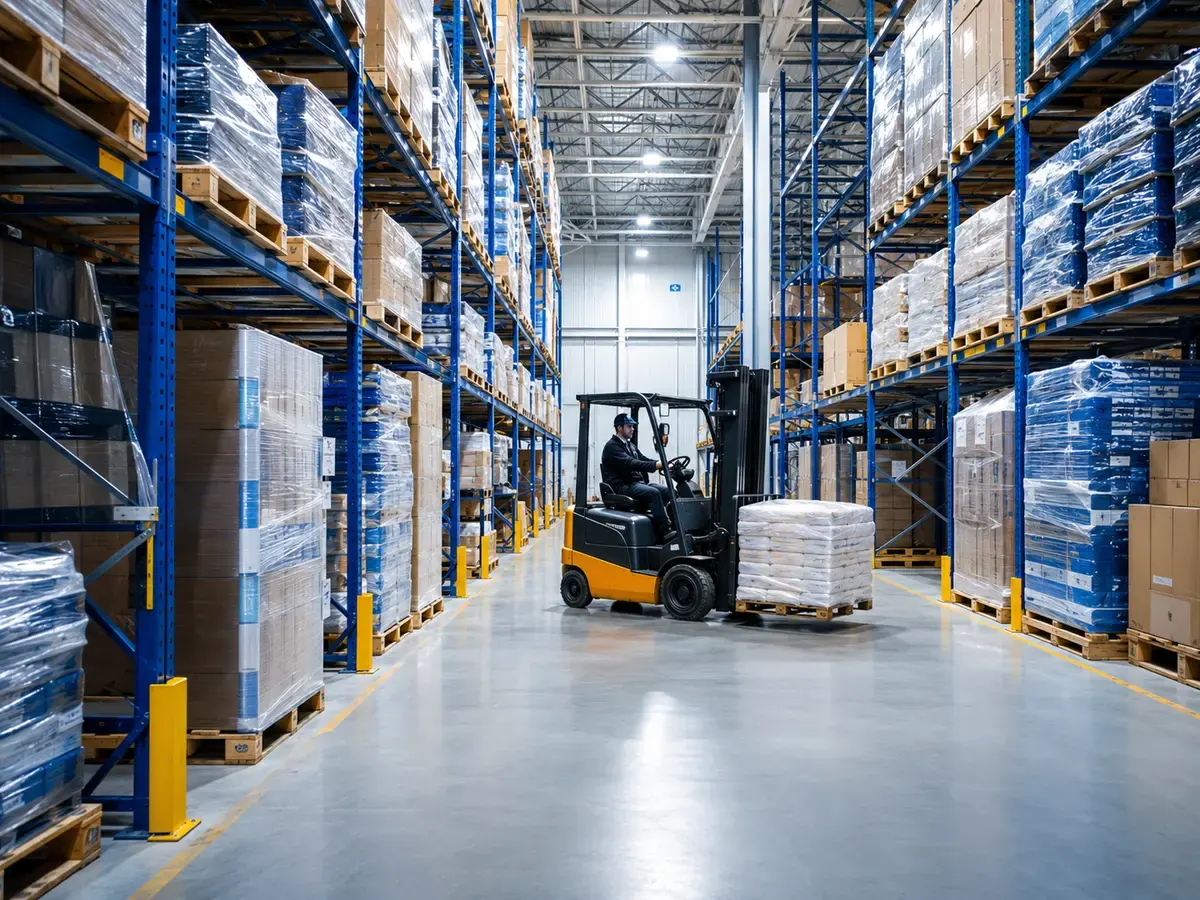 Forklift moving a pallet in a warehouse